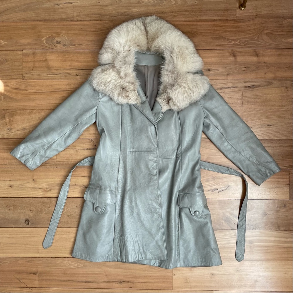 Leathercraft Process of America Blue Grey Vintage Leather Fur Trim Collar Coat